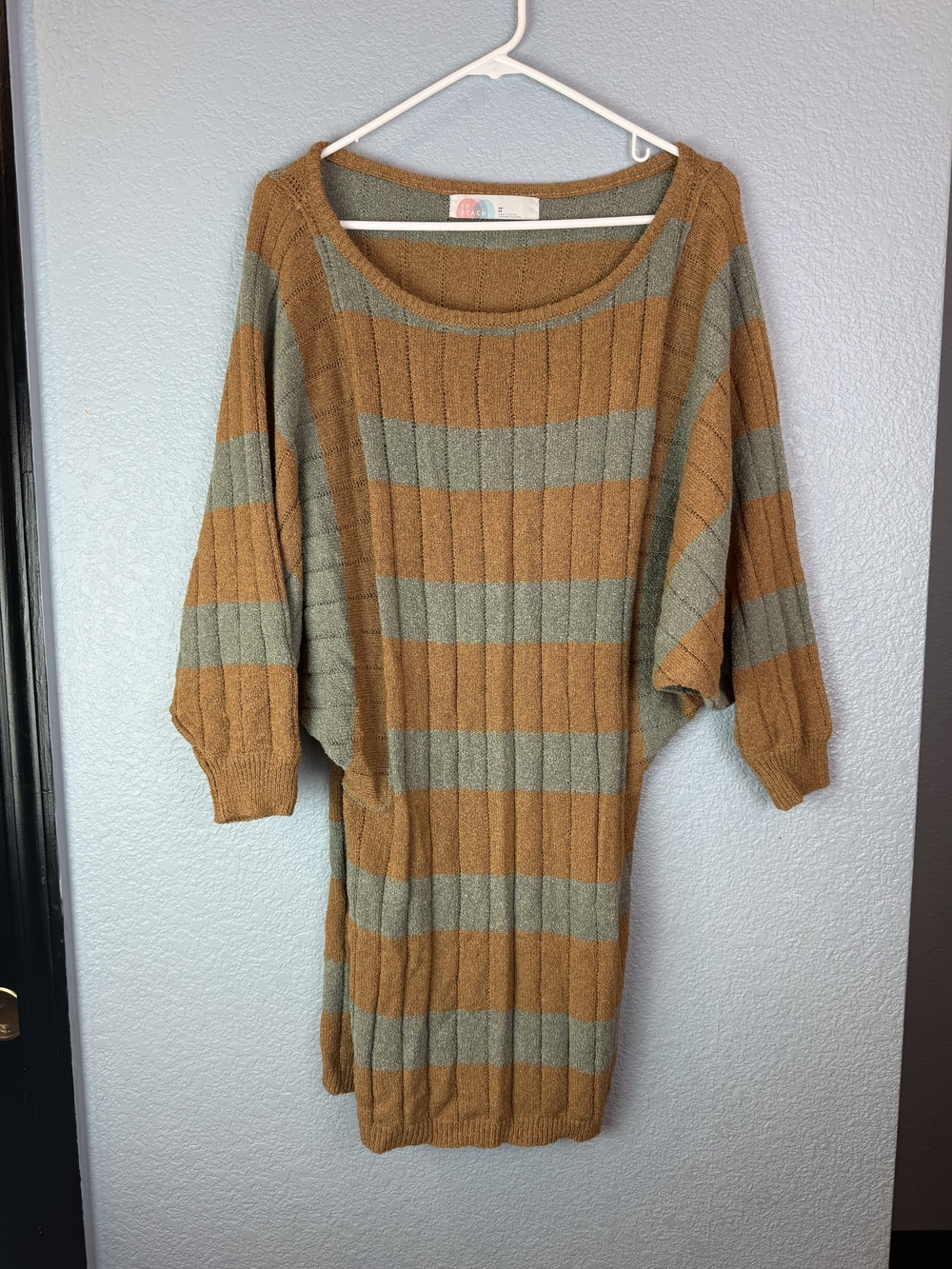 FP Beach Sweater Dress Womens XS Brown Gray Striped Batwing Sleeve Ribbed Knit